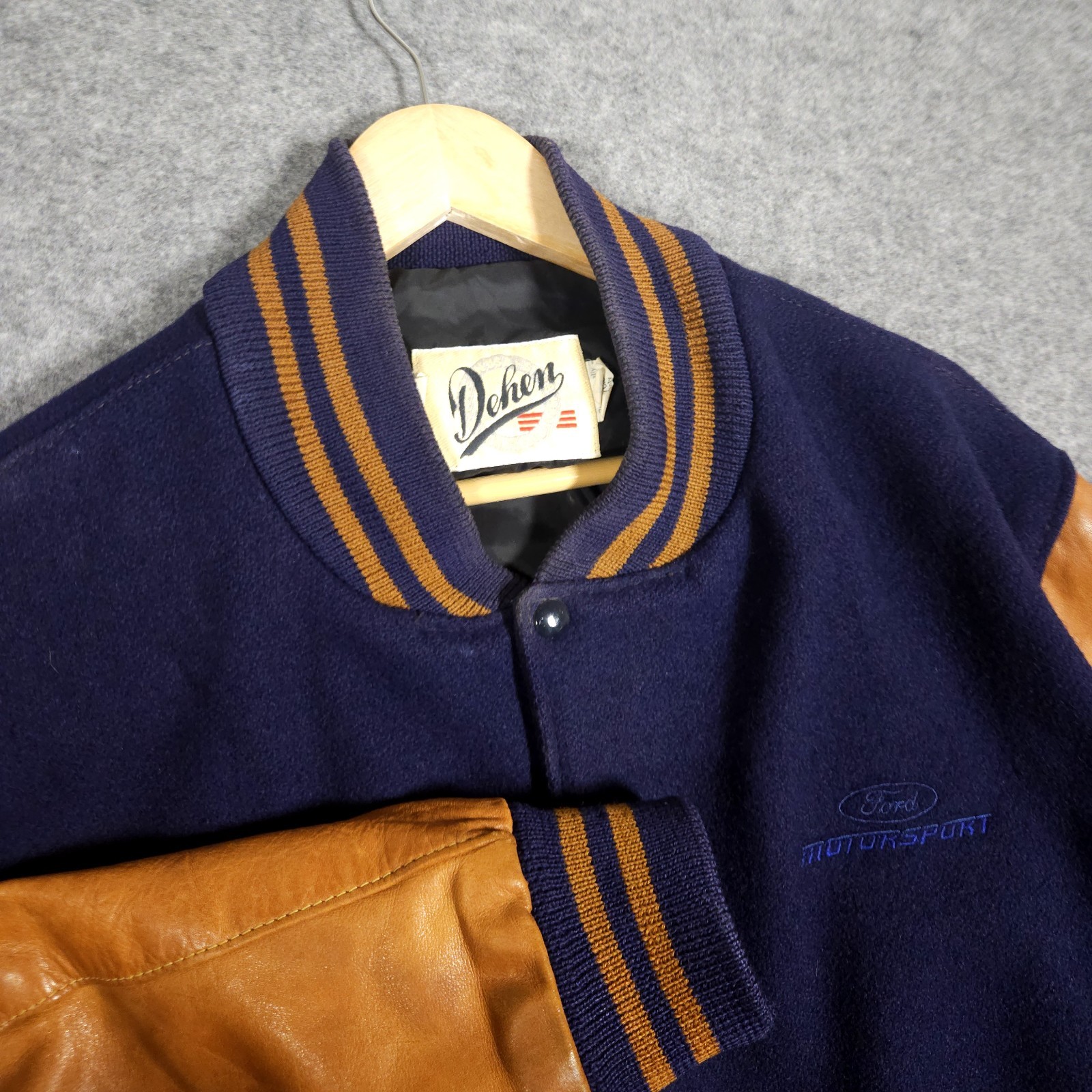 Dehen Varsity Jacket Mens XL Wool Brown Leather Made in USA Ford Logo Portland