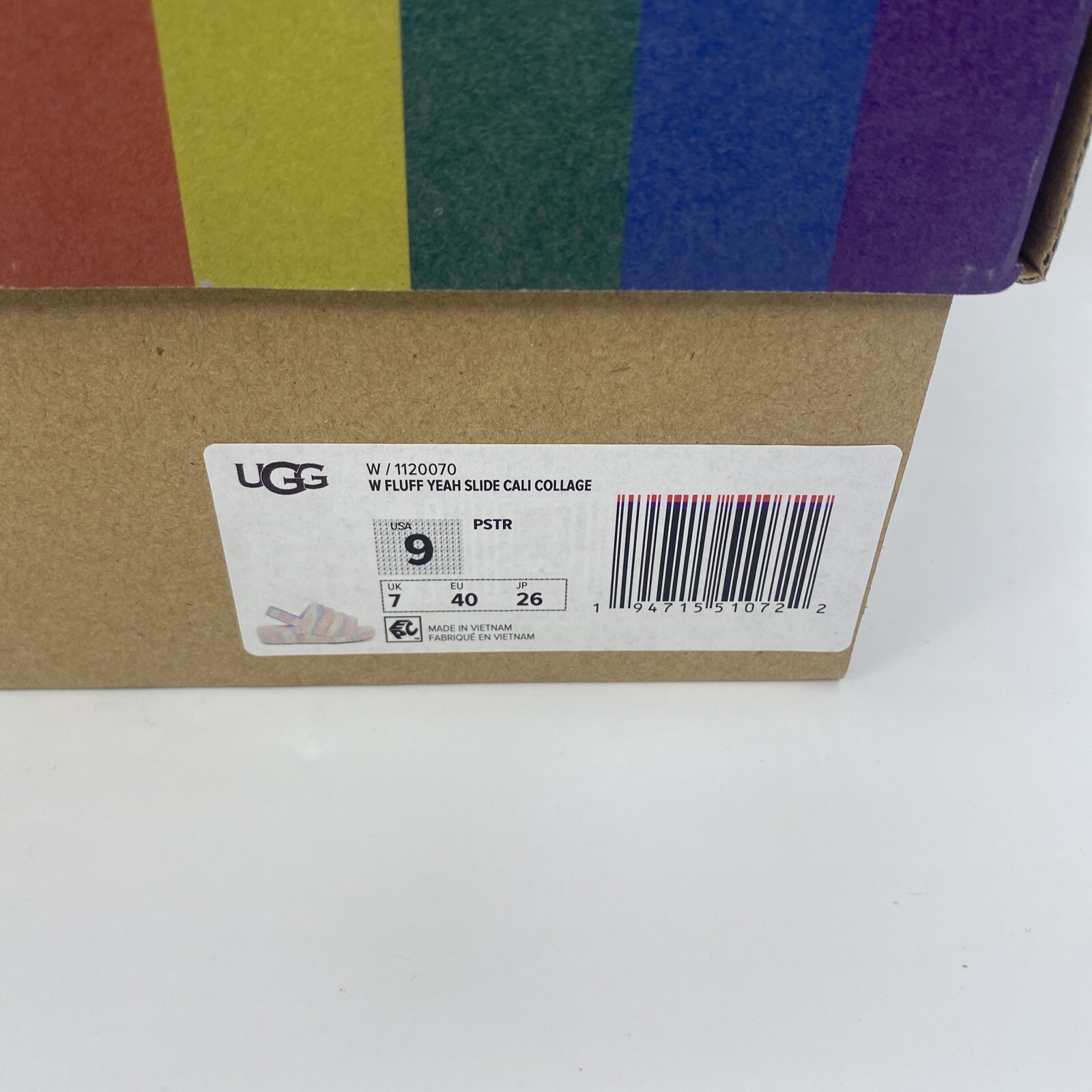 UGG W FLUFF YEAH SLIDE Slipper Cali Collage Women’s 9 Pink Blue White Stripe