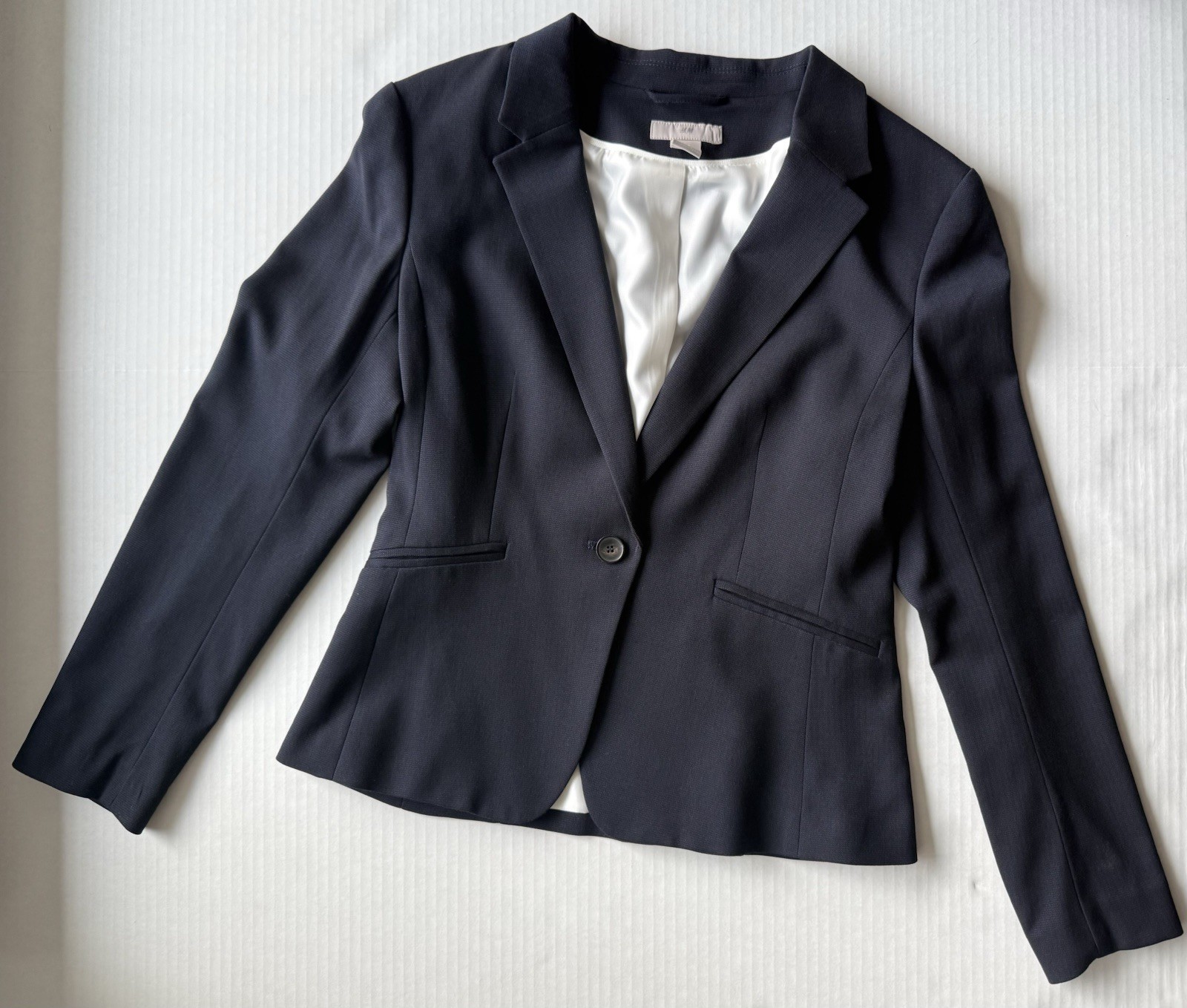 H&M Navy Solid One-Button Blazer Notched Lapel Lined Pockets Size S