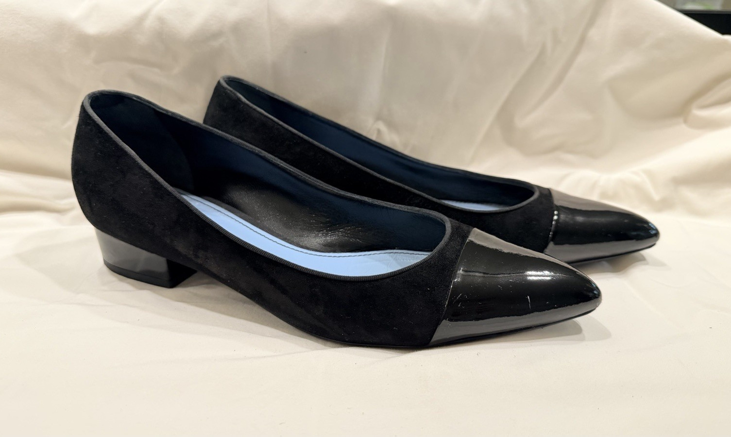 Lanvin Paris Black Suede Patent Cap Toe Low Heel Pumps Shoes Women EU 39.5