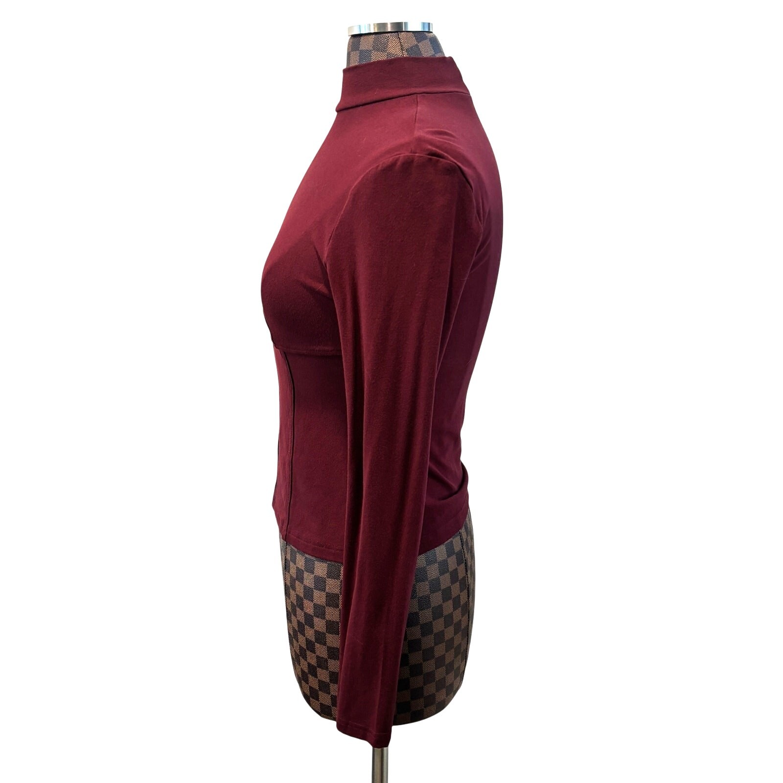 Commense Burgundy Corset-Style Knit Top Large High Neck Long Sleeve Shirt Goth