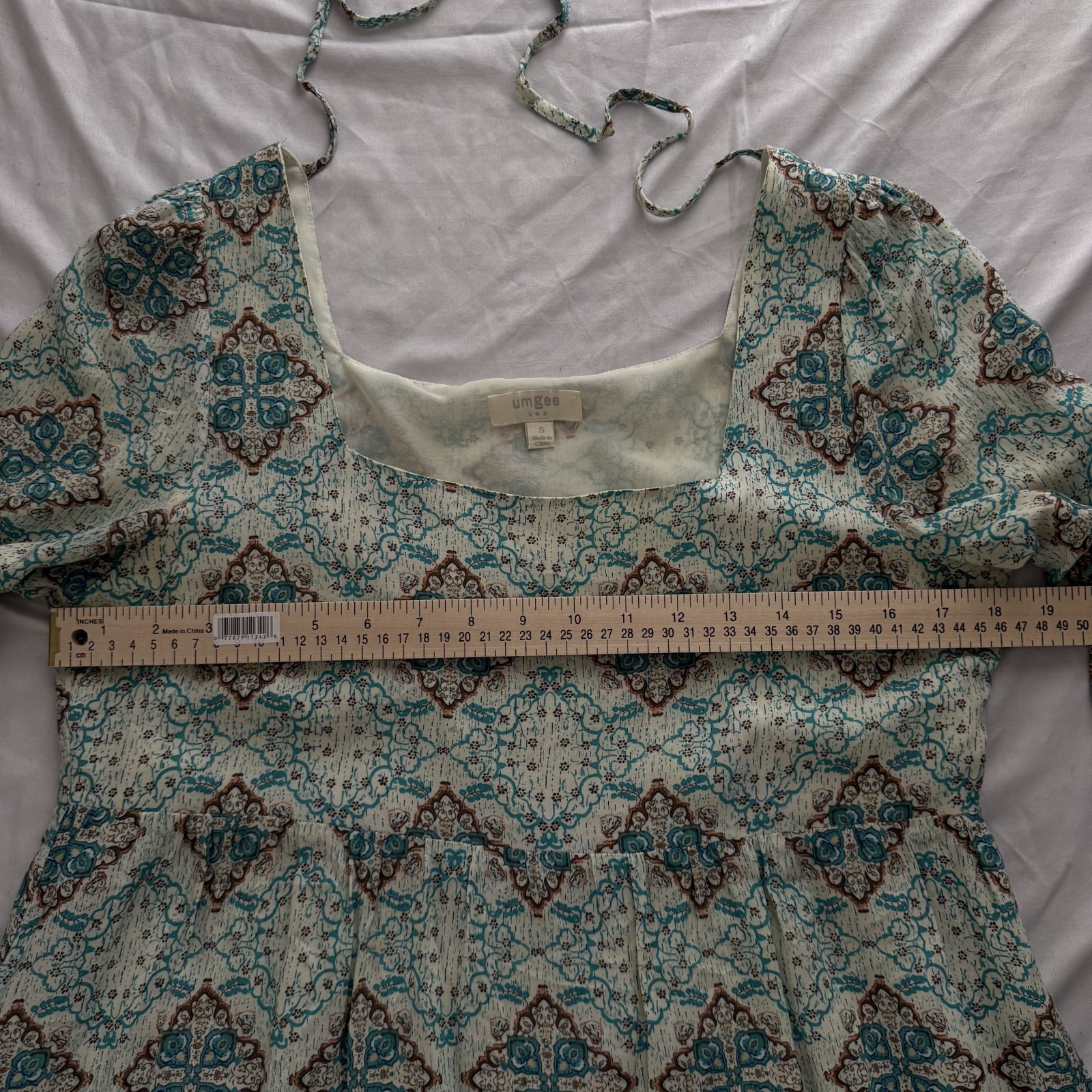 Umgee Boho Tunic Top Dress Square Neck Back Babydoll Peasant Mixed Print Flowy S