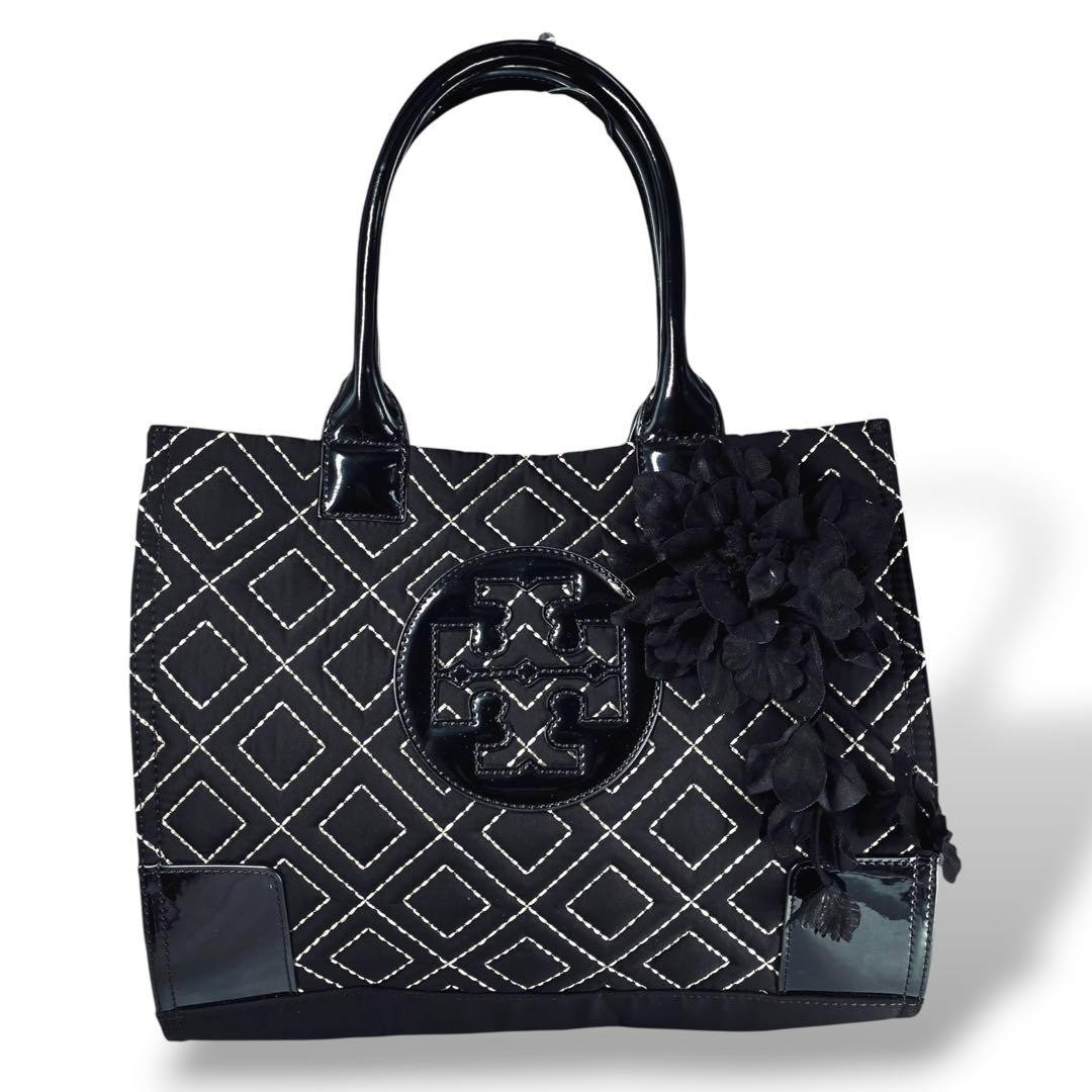 A4 Compatible Tory Burch Nylon Tote Bag Quilted Ella Black