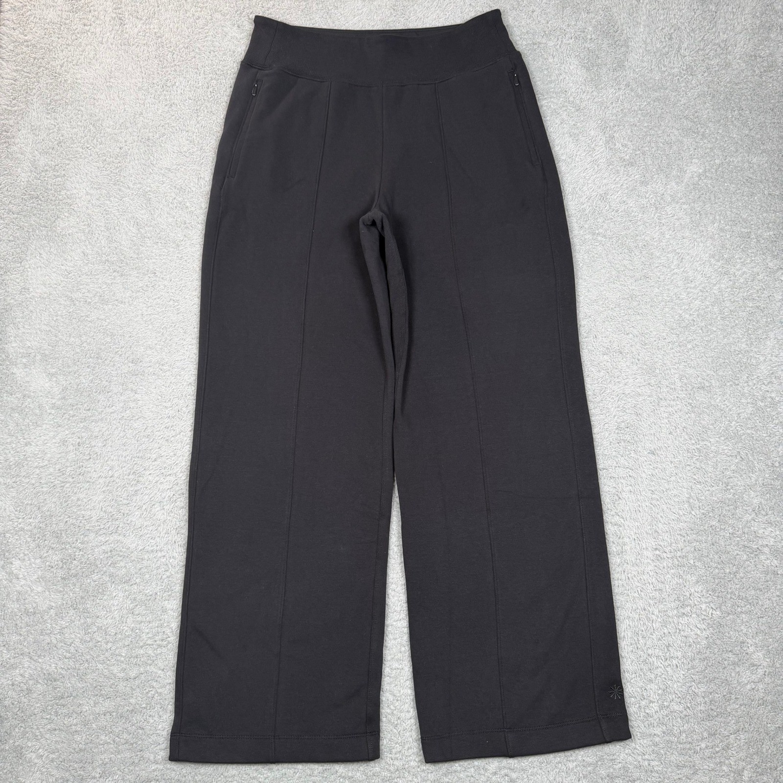 Athleta Seamed Wide Leg Fleece Pants Black High Rise Side Zip Pockets Womens M