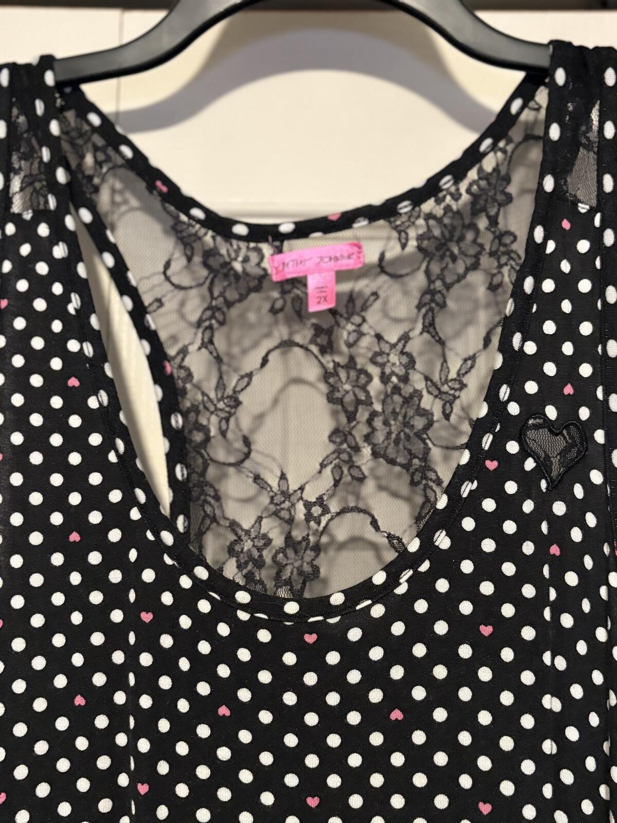 Betsey Johnson Polka Dot Lounge Dress Heart Print Lace Back Y2K Coquette Lounge