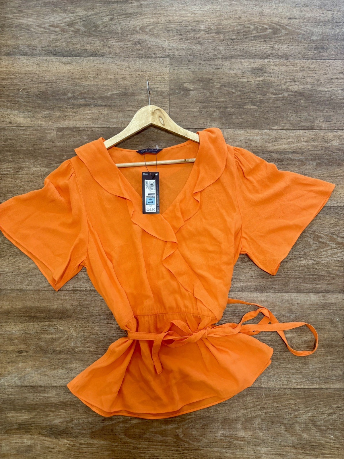 M&S Orange Frill V-Neck – Mock Wrap Blouse With Angel Sleeve Size 14 RRP: £29.50