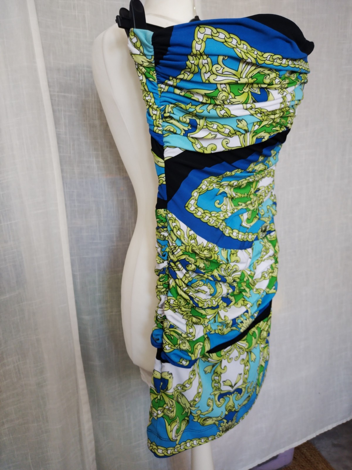 L, Arden B, Blue Green​ White​ Chain Paisley Pattern Strapless Ruched Mini Dress