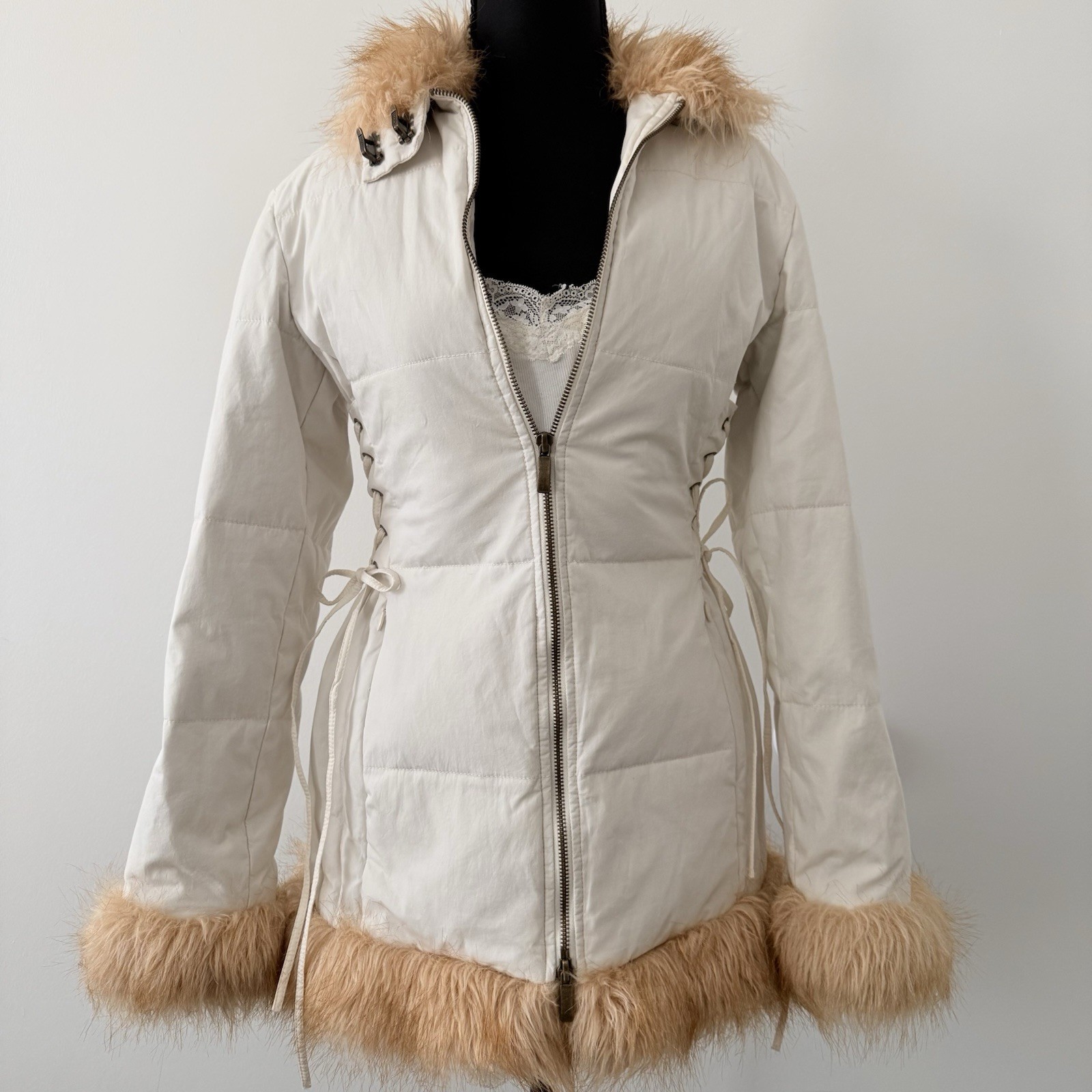 Vintage Express Y2K Fur Trim Penny Lane Coat Sz S Puffer Jacket Side Lace Up