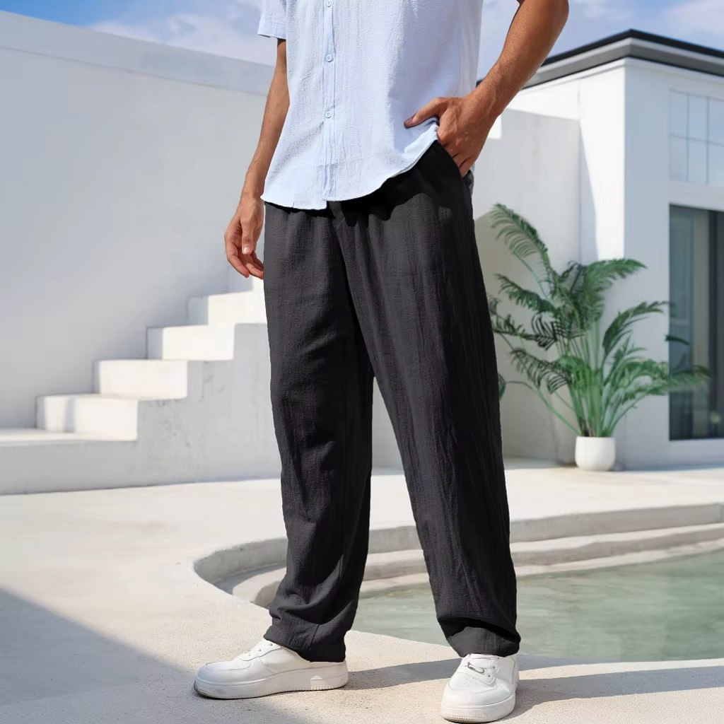 Mens Cotton Linen Straight Leg Breathable Casual Beach Trousers Comfort Pants