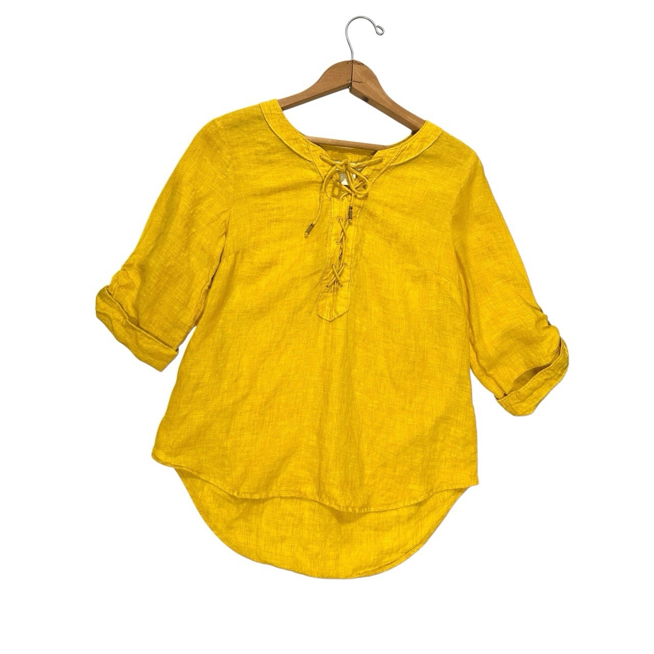 Maeve 4 Yellow Solid Woven Linen Lace-Up V-Neck Roll Tab 3/4 Tunic Blouse