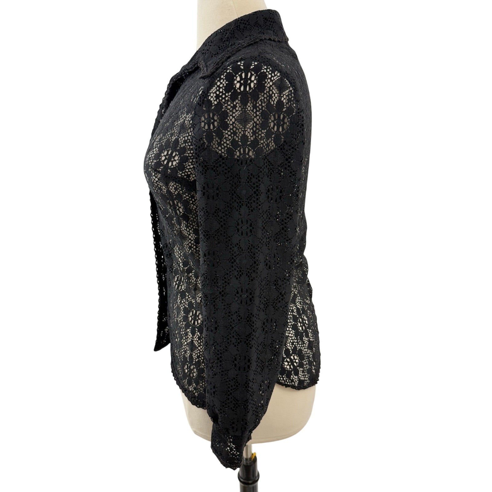Black Lace Button-up with Side Darts, Wide Collar and Red Button Detail, Size M