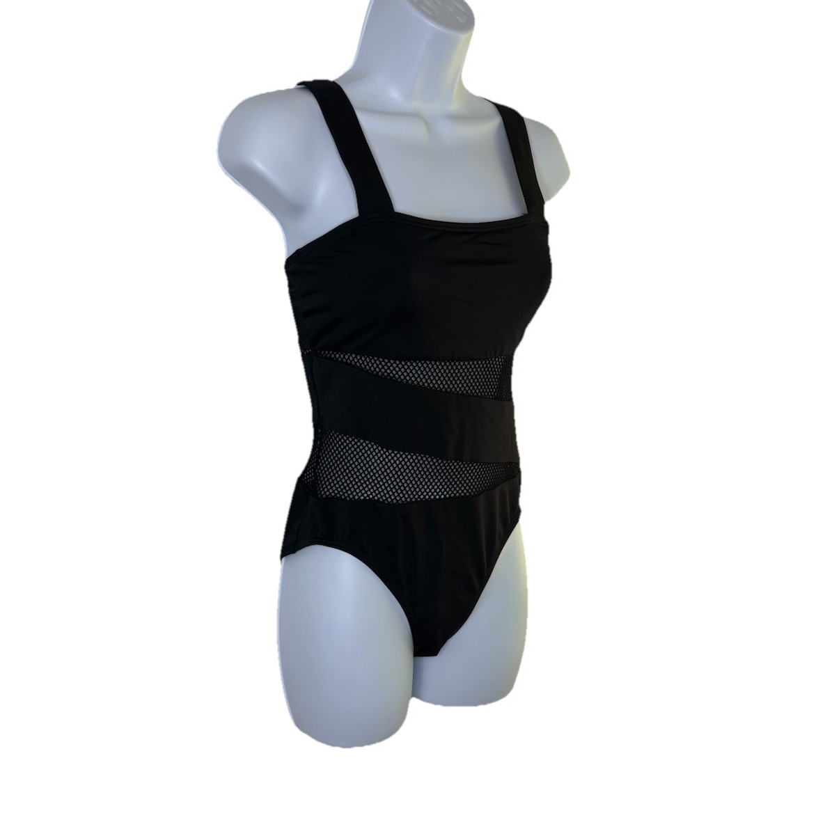 Carmen Marc Valvo Mesh Spliced Square Neck One Piece Swimsuit Black Size 8