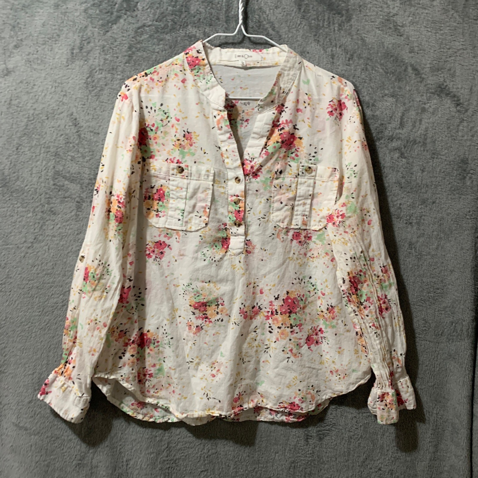 Eden & Olivia Floral Cotton Gauze Roll Tab Sleeve Blouse White Large Flaw