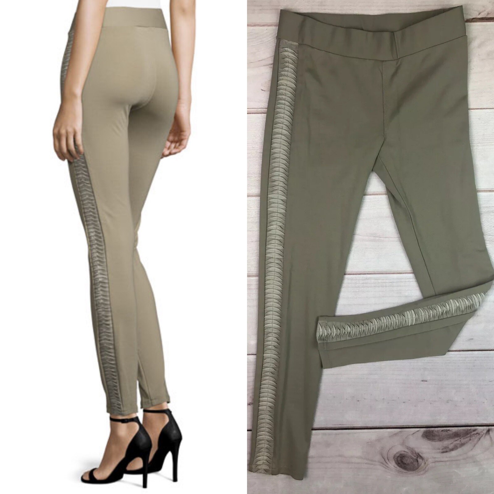 NWT $171 My Tribe Large Taupe Pintucked Side Leather Stretchy Moto Leggings Pant