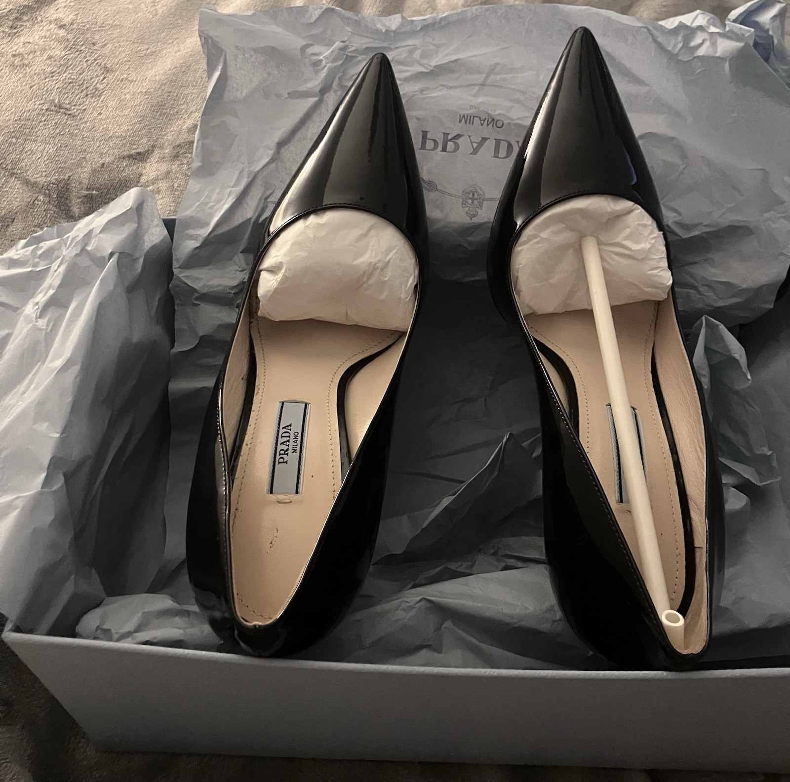 Prada Black Patent Leather Pointed Toe Stiletto Pumps Heels Size 37 EU