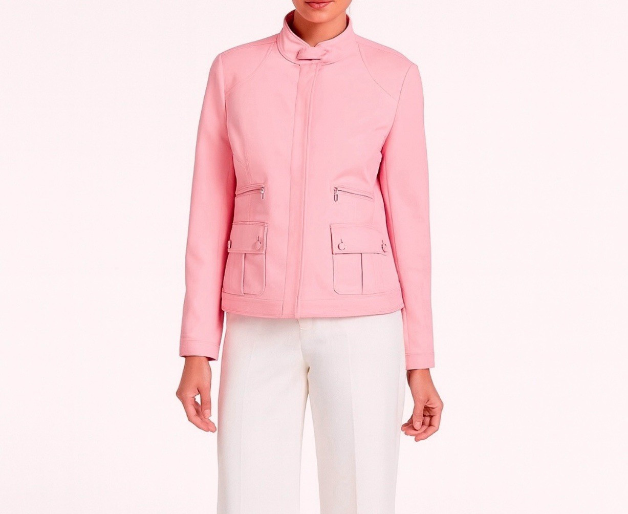 ST. JOHN Sport Pink High Neck Zip Front Multi Pockets Moto Biker Jacket 16 XL 💗