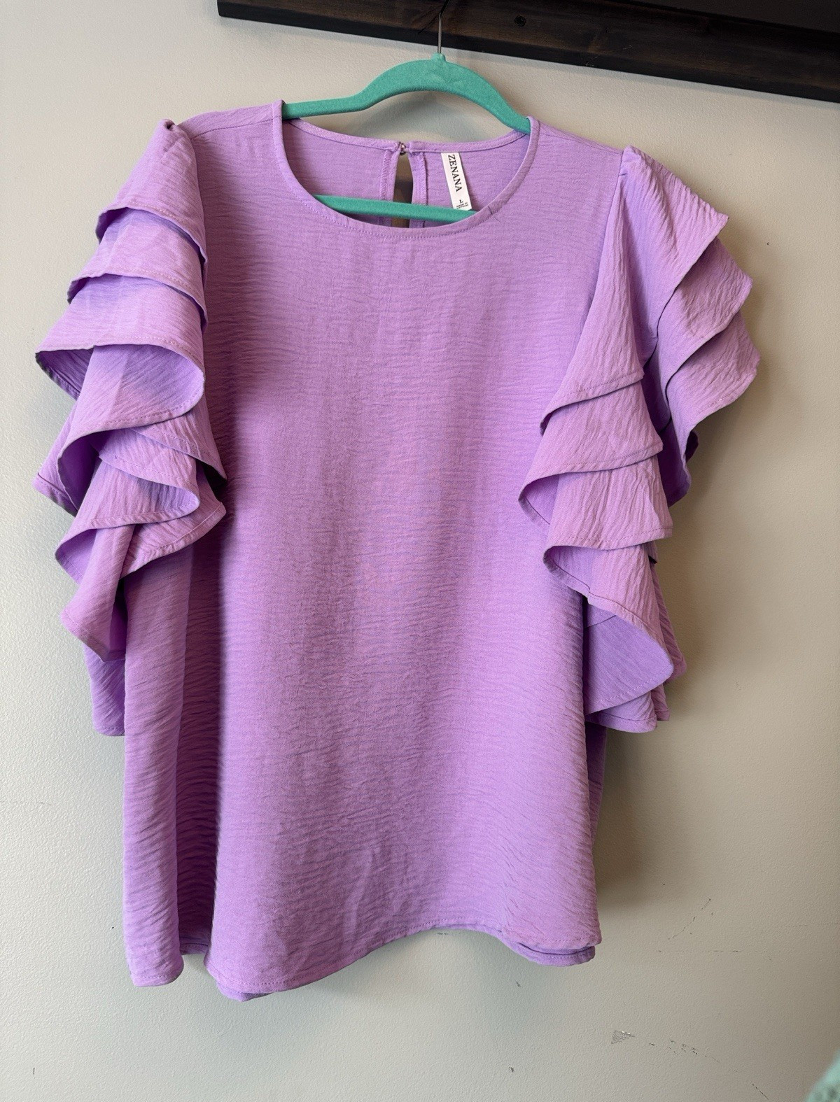 Zenana Purple Solid Round Neck Ruffle Short Sleeve Button Blouse L
