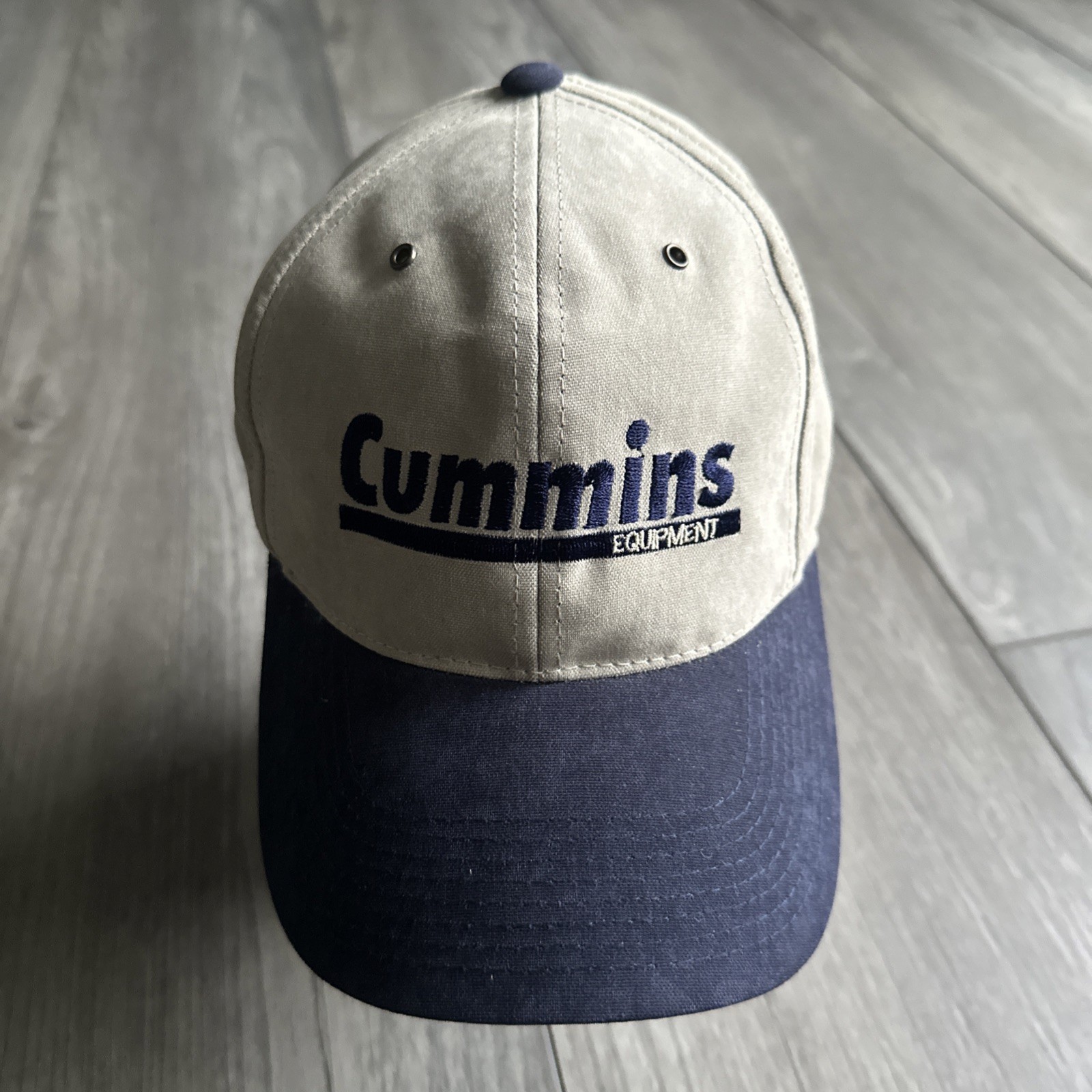 Vintage CUMMINS Diesel Equipment StrapBack Hat Embroidered Two Tone Cap Beige