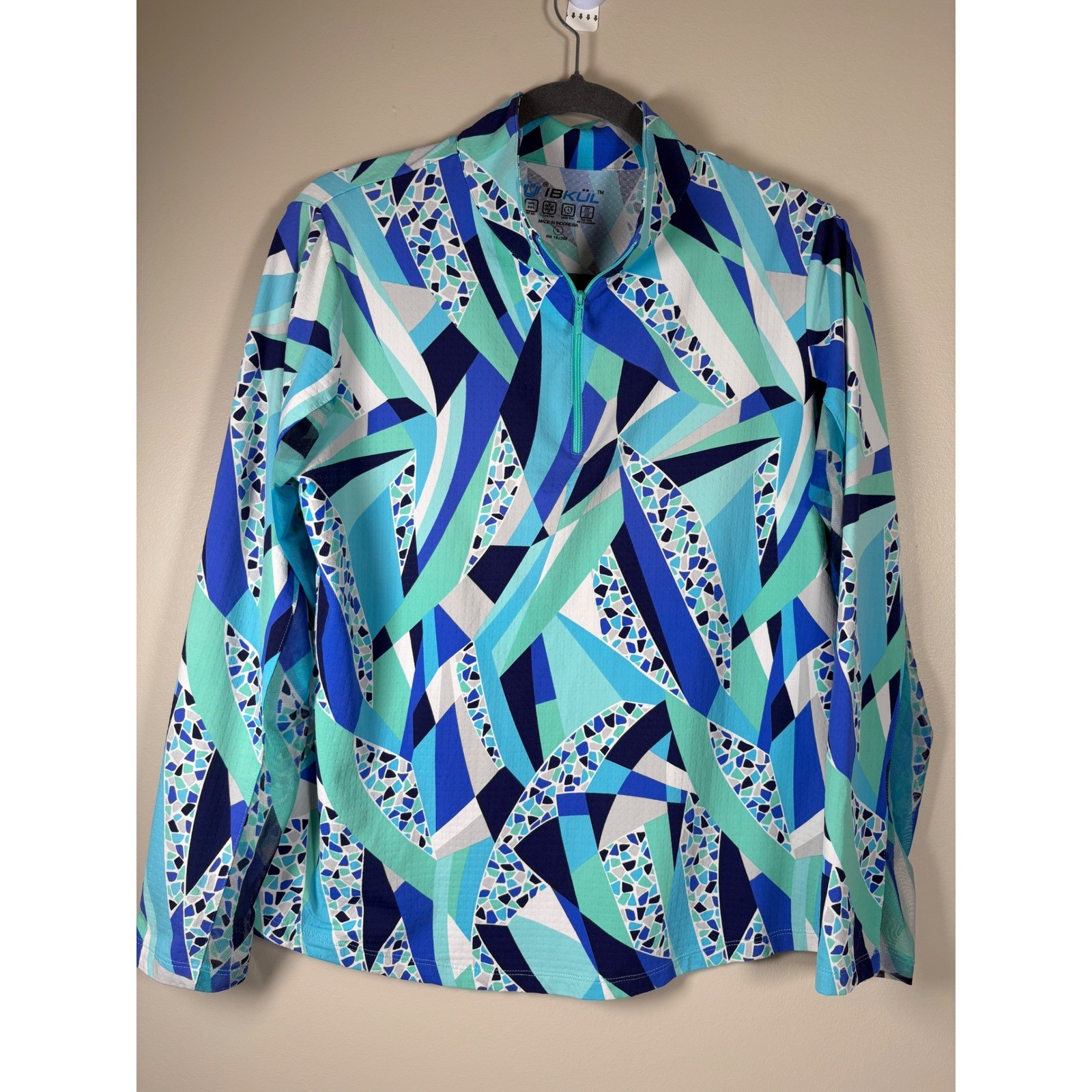 IBKUL Briana Long Sleeve Mock Neck Top Sun Shirt Blue Geometric Mosaic UPF 50 L