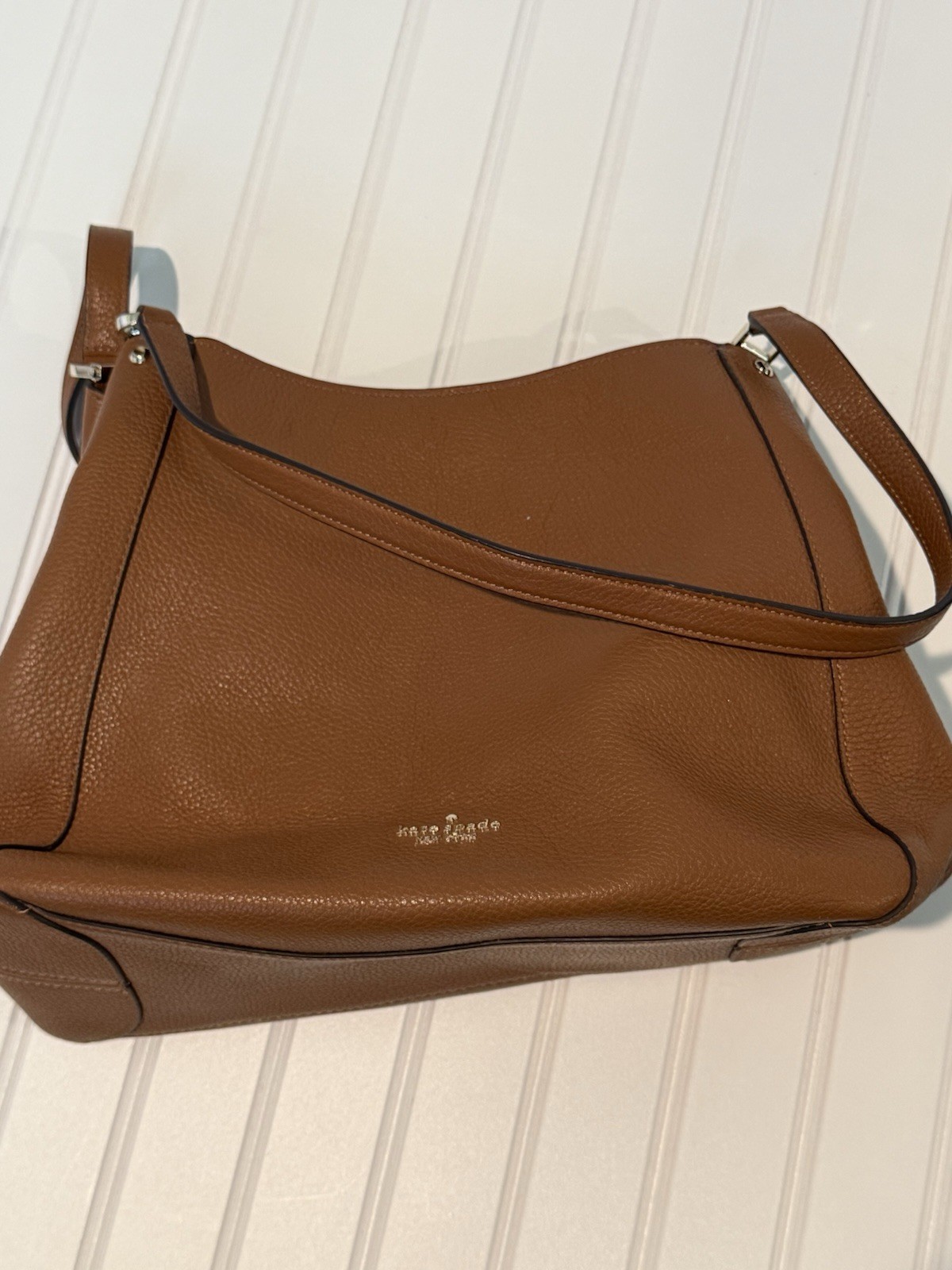 kate spade new york Brown Medium Crescent Shoulder Bag Zip Top Pebbled Silver