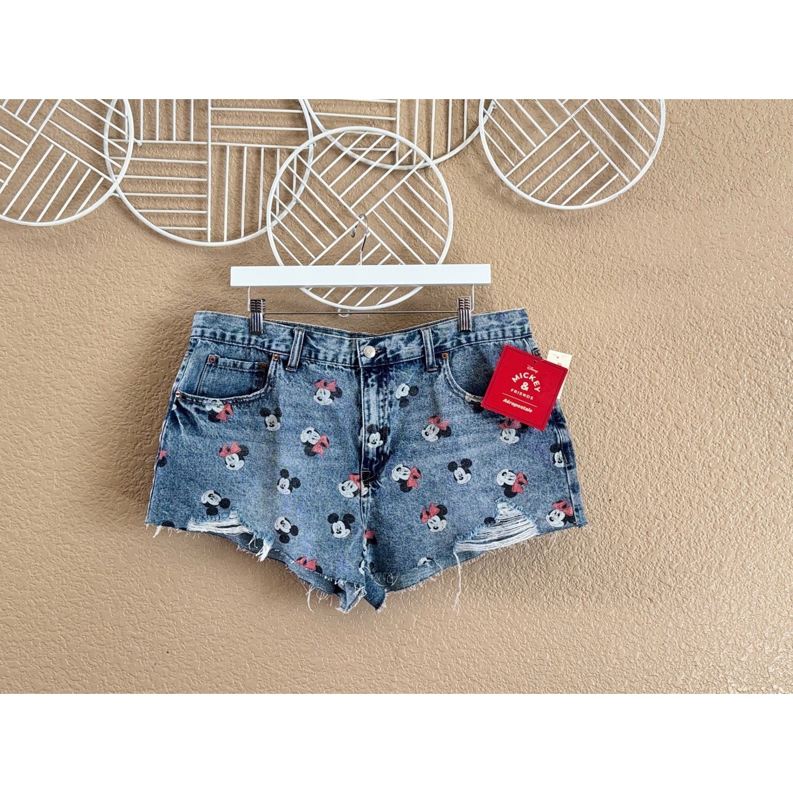 Aeropostale Disney Mickey Minnie Mouse High Waisted Distressed Denim Shorts NEW