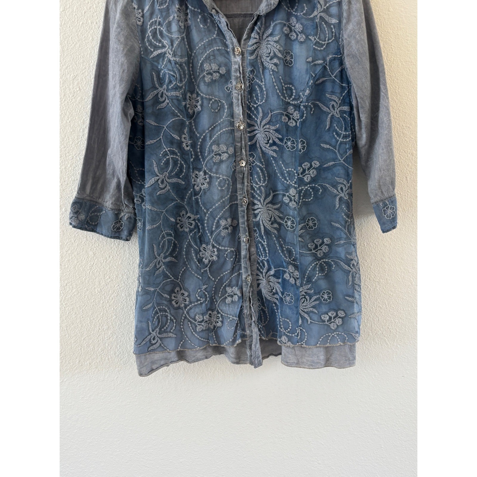 Parsley & Sage Embroidered Button Down Top Womens M Blue Lace Chiffon Fairy