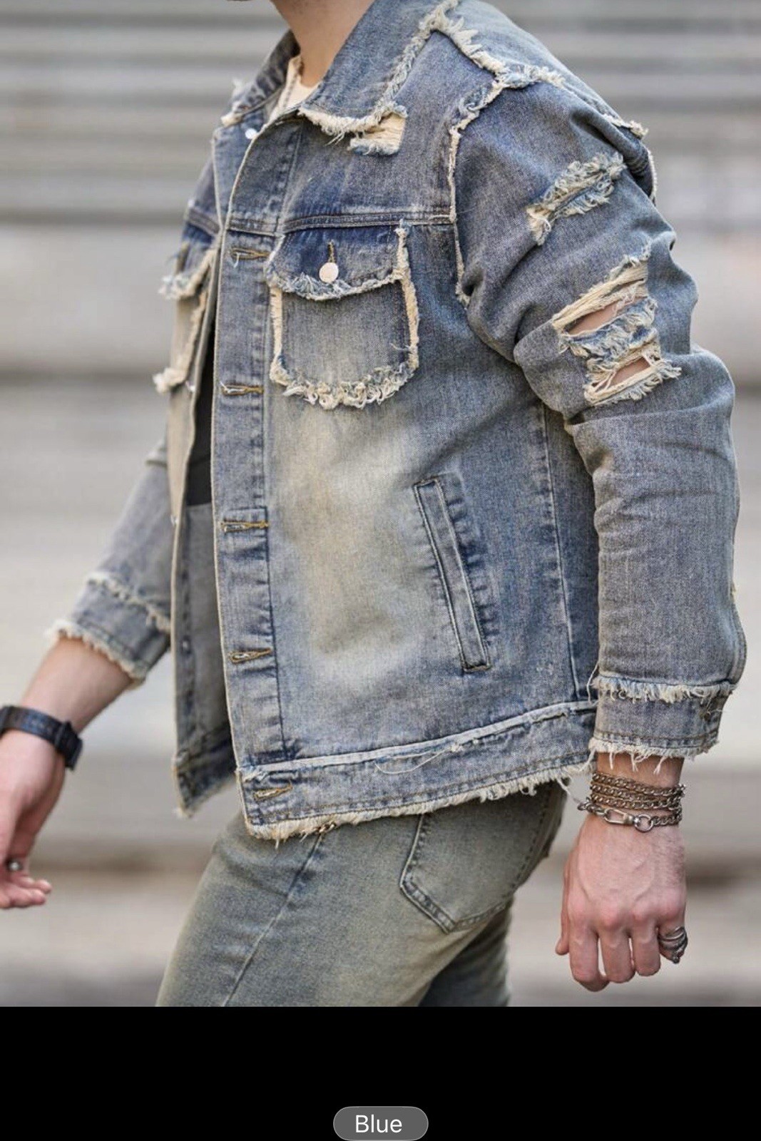 Men’s Washed Denim Jacket Frayed Patchwork Button Up Casual Streetwear Top