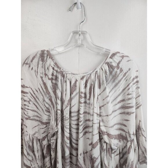Lovestitch Womens BOHO Top Medium Beige White Tie Dye Bell Sleeve Cottagecore
