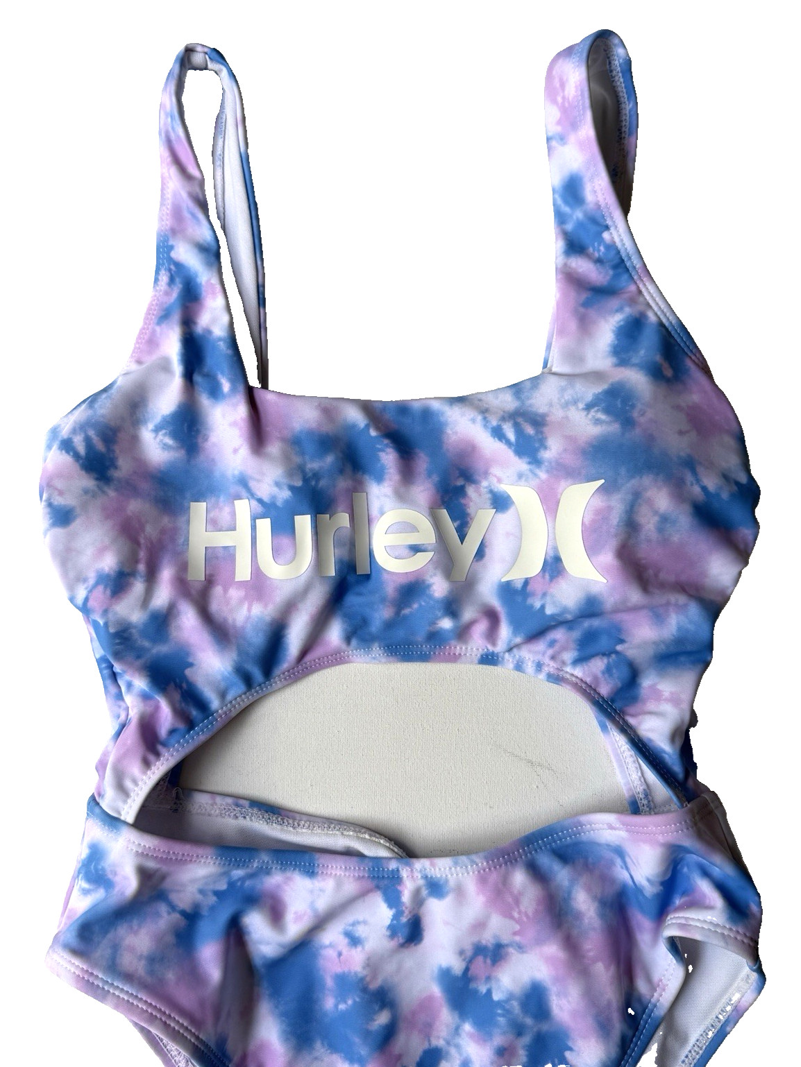 Hurley Women’s One Piece Swimsuit Tie-Dye Blue Purple White Cutout Size S NWT