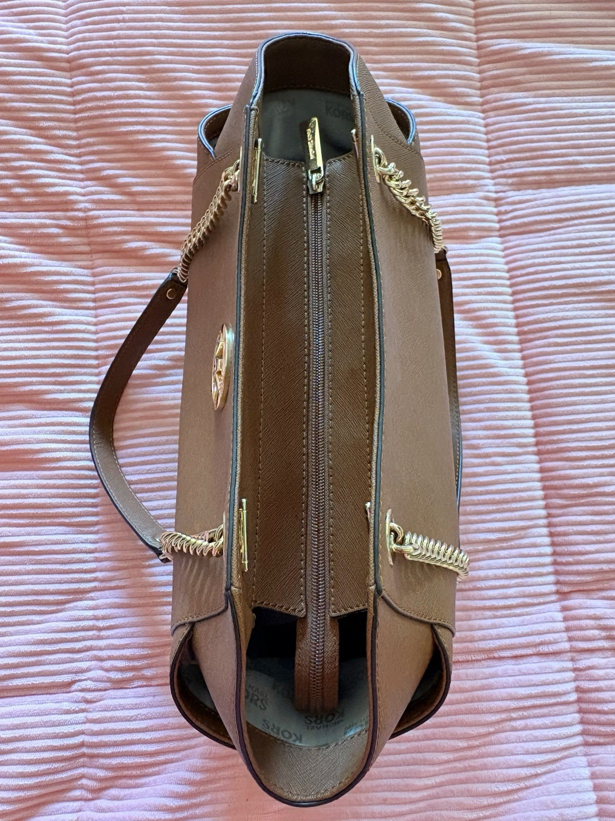 Michael Kors Brown Large Handbag Zip Closure Chain Shoulder Straps Gold Hardware