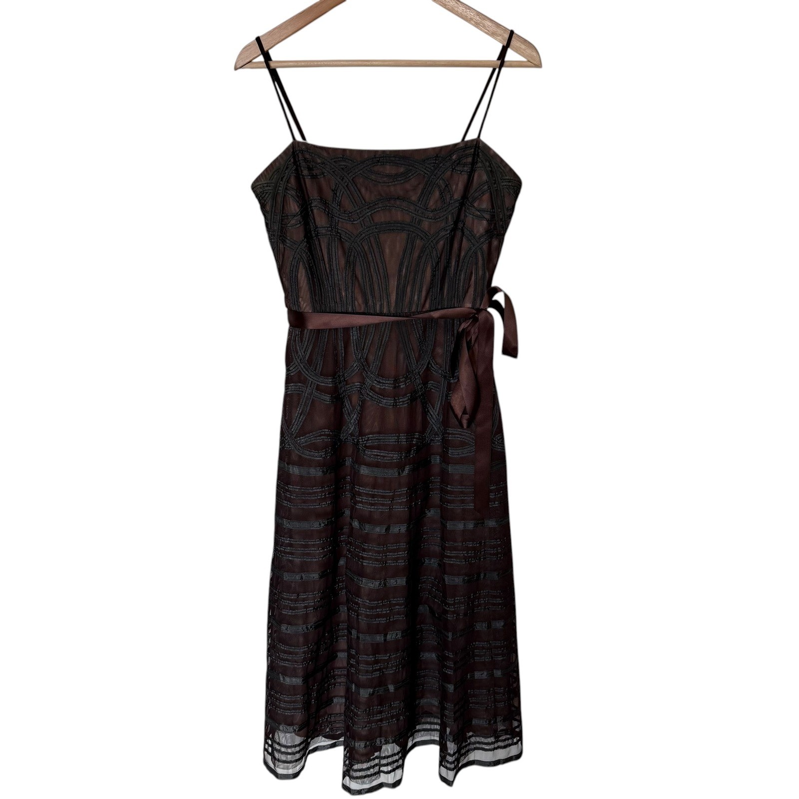 BCBGMAXAZRIA Midi Dress Women Size 10 Brown Excellent Ribbon Embroidered Mesh