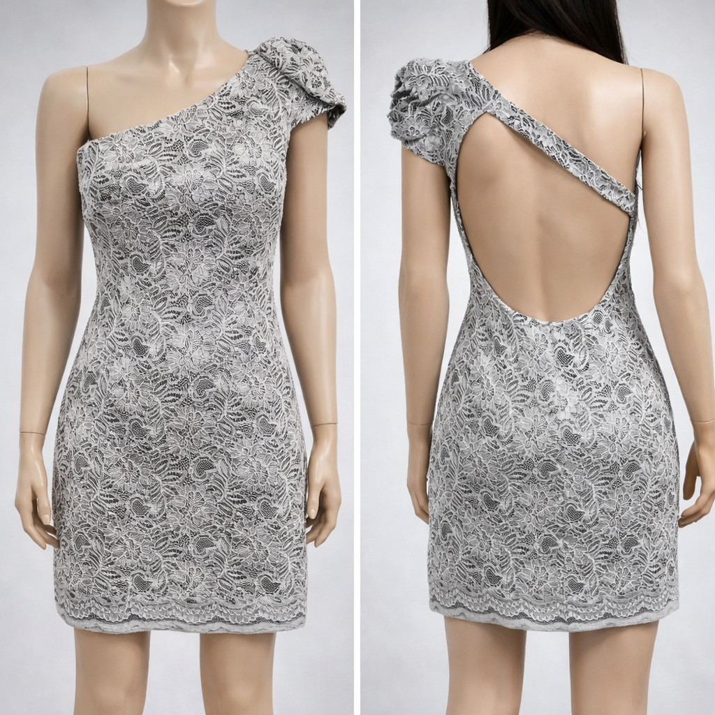 ABS Allen Schwartz Silver Lace One Shoulder Bodycon Cocktail Dress Sz 4 NWT $490