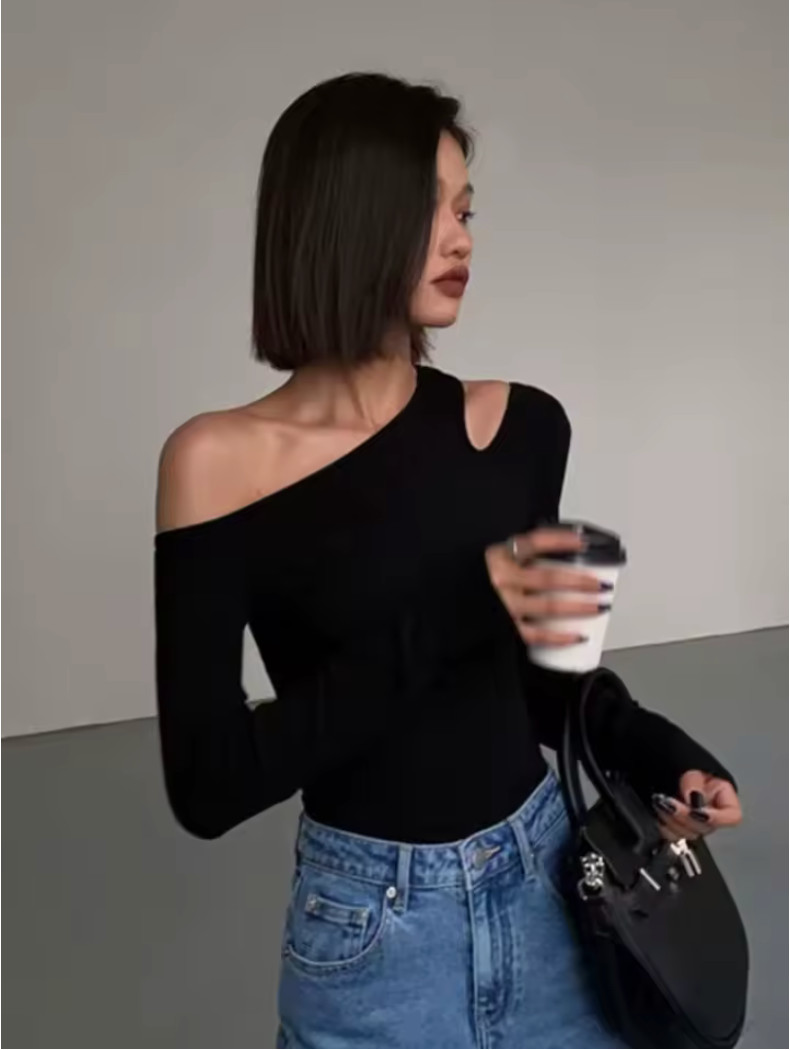 Women’s One Shoulder Long Sleeve Top Black Slim Fit Cut Out Casual Blouse
