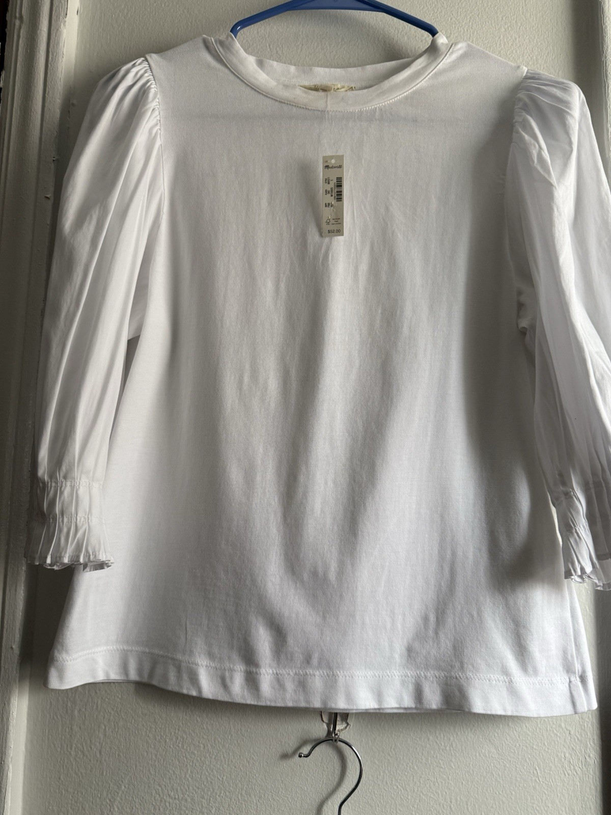 Madewell Women’s XS White Solid Crew Neck 3/4 Puff Sleeve 100% Cotton Knit Top