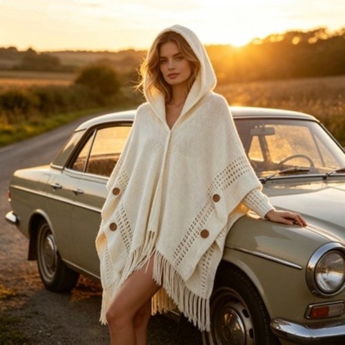 Ladies Bohemian Style Poncho Shawl Hooded Design Fringed Hem Loose Fit Cloak