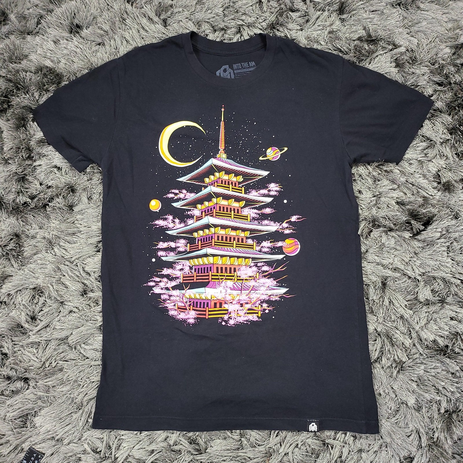 Into The AM Shirt Mens Medium Black Space Pagoda Japanese Galaxy Graphic Tee