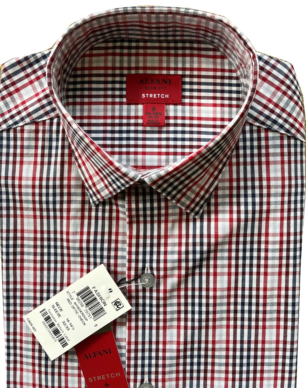 Alfani Men’s Slim-Fit Stretch Red Berry Black Checkered Dress / Shirt