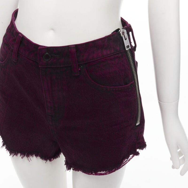ALEXANDER WANG Bite berry red black washed side zip frayed denim shorts 25″