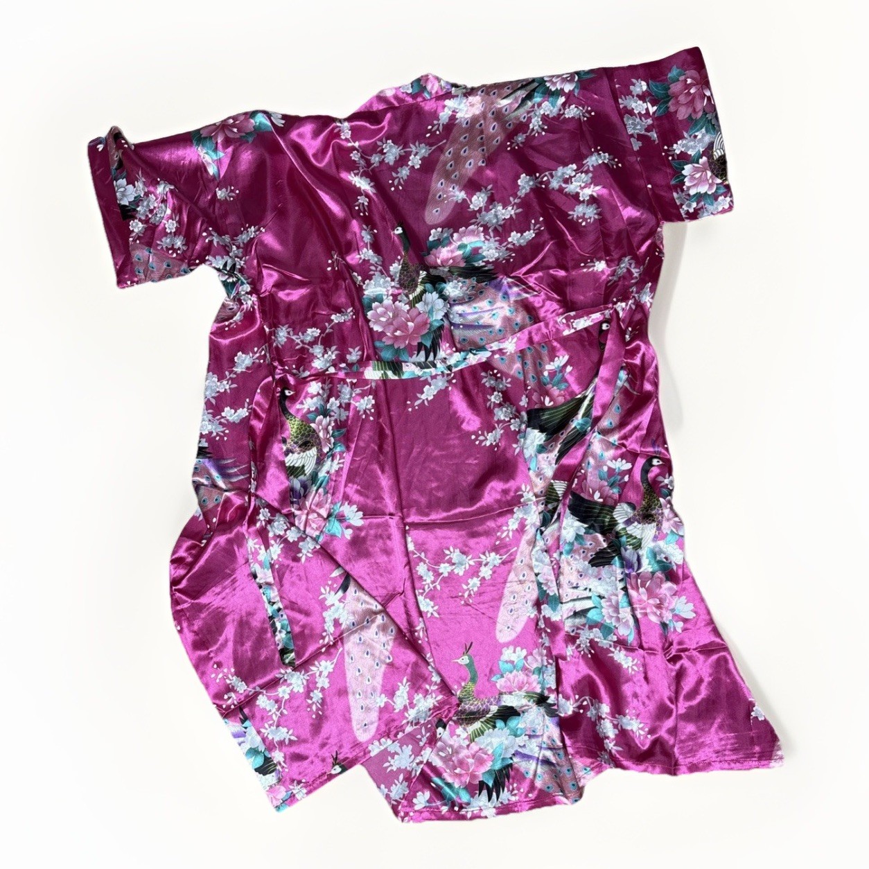Vtg Singapore Premium Satin Kimono Robe Fuchsia Pink Peacock Floral Geisha OS