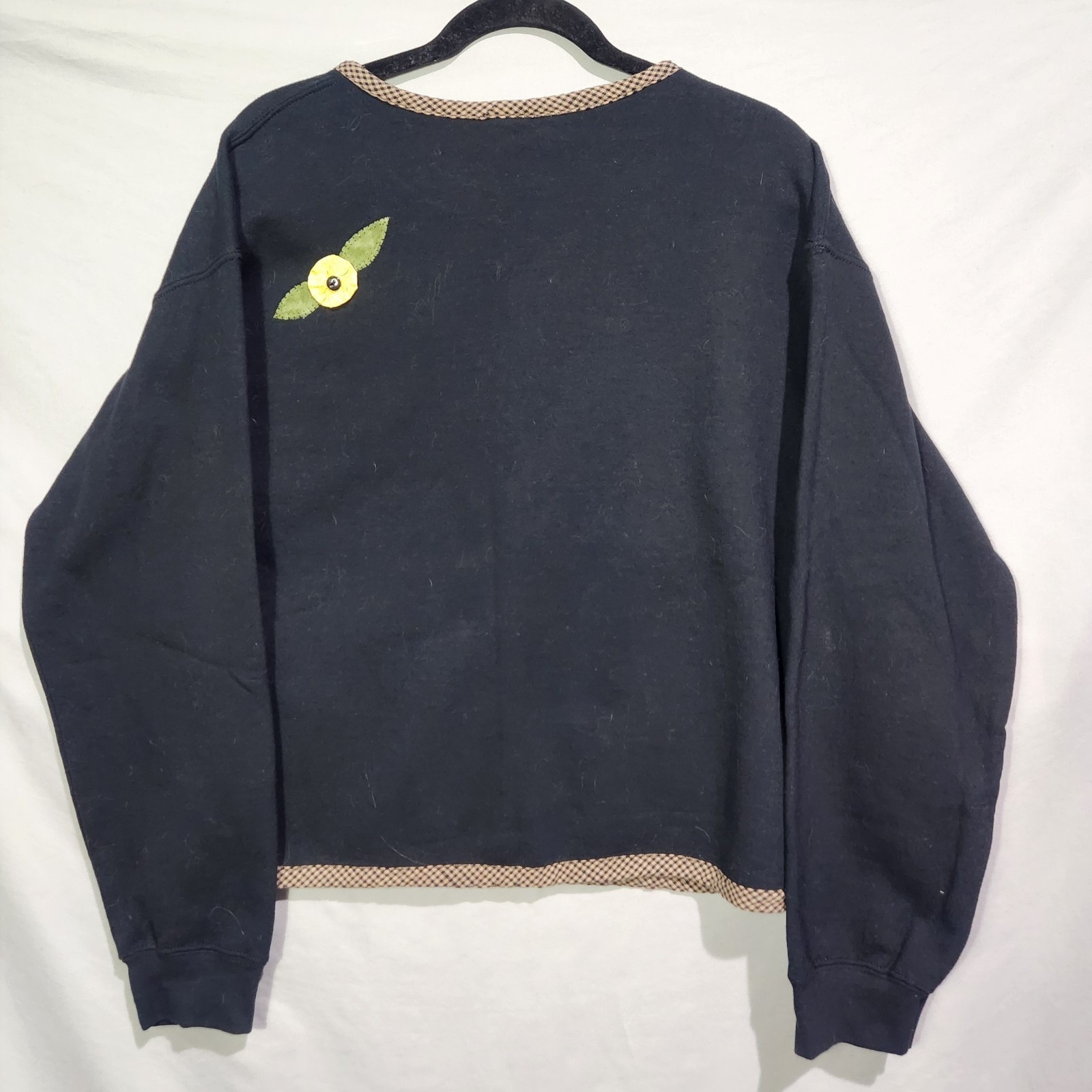 90s Kitty Cat Applique Open Front Trim Cardigan Black Whimsical Cottagecore MED