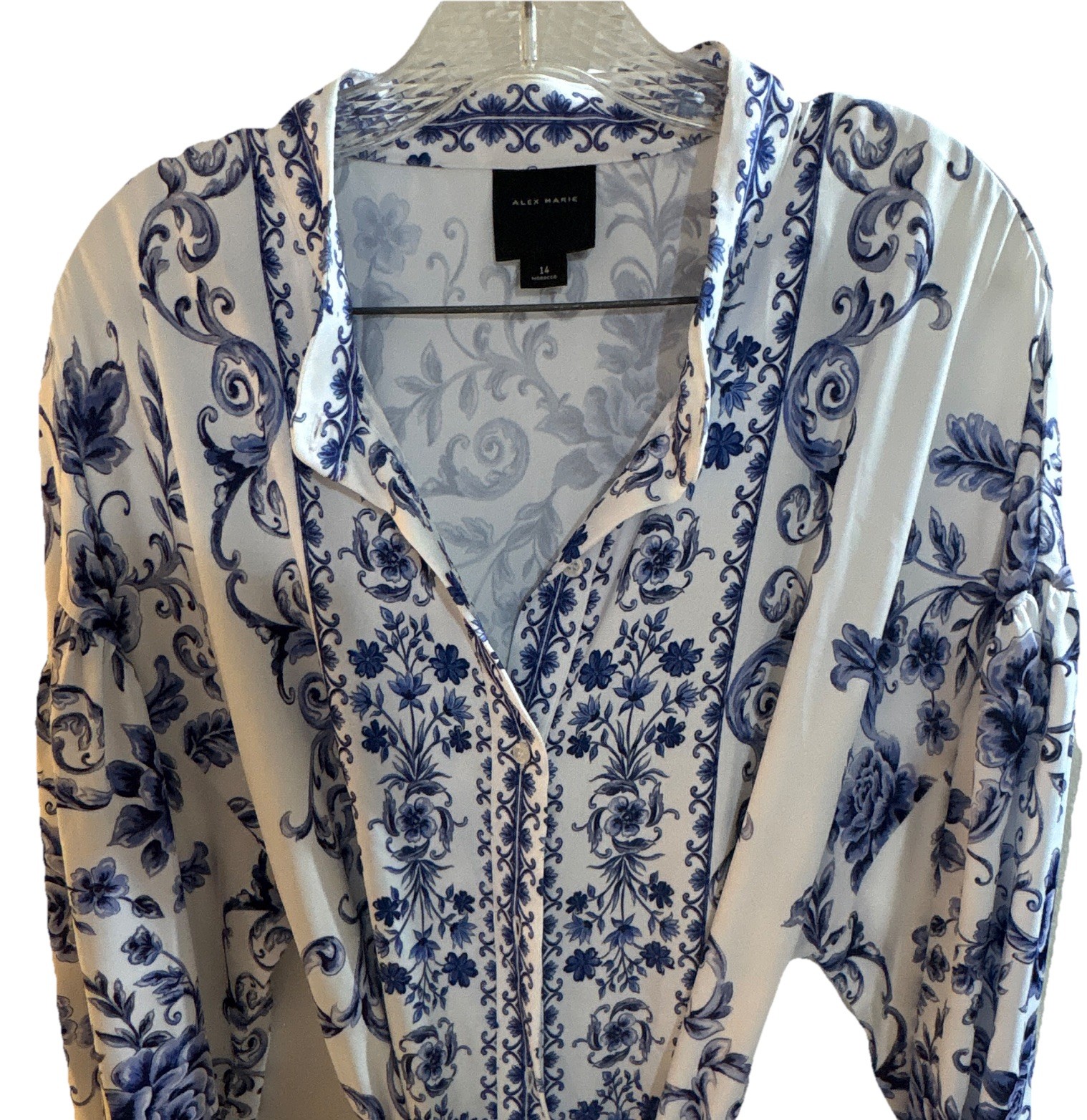 Alex Marie Women’s Blue White Floral V-Neck Long Sleeve Shirt Dress 14 Pockets