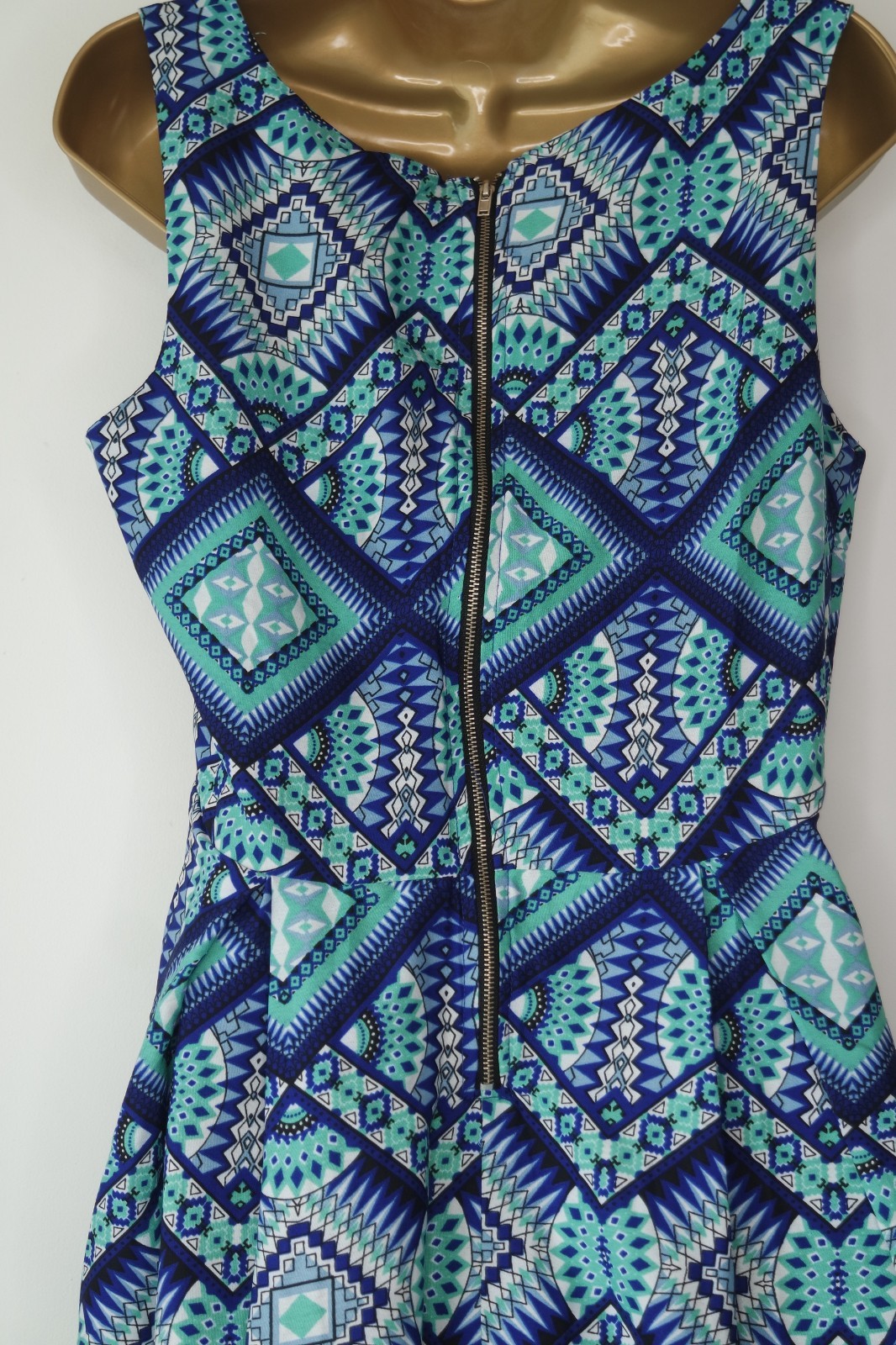 MELA LOVES LONDON BLUE GREEN WHITE PRINT SKATER TEA DRESS SIZE 14 SUN ZIP BACK