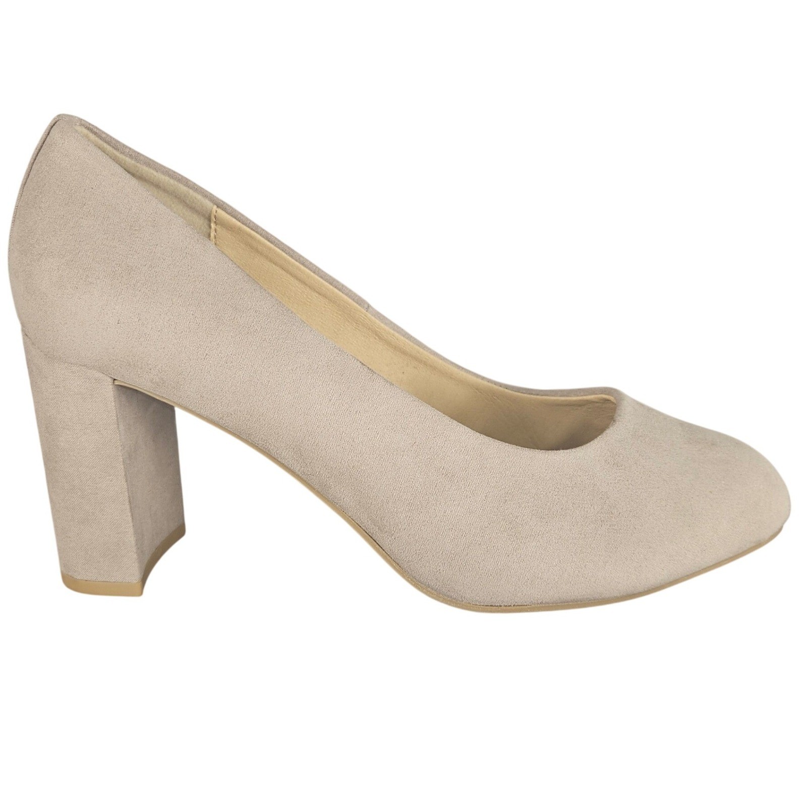 CL by Laundry Beige Microsuede Block Heel Pumps Round Toe Womens 7 Wide LCA-001W