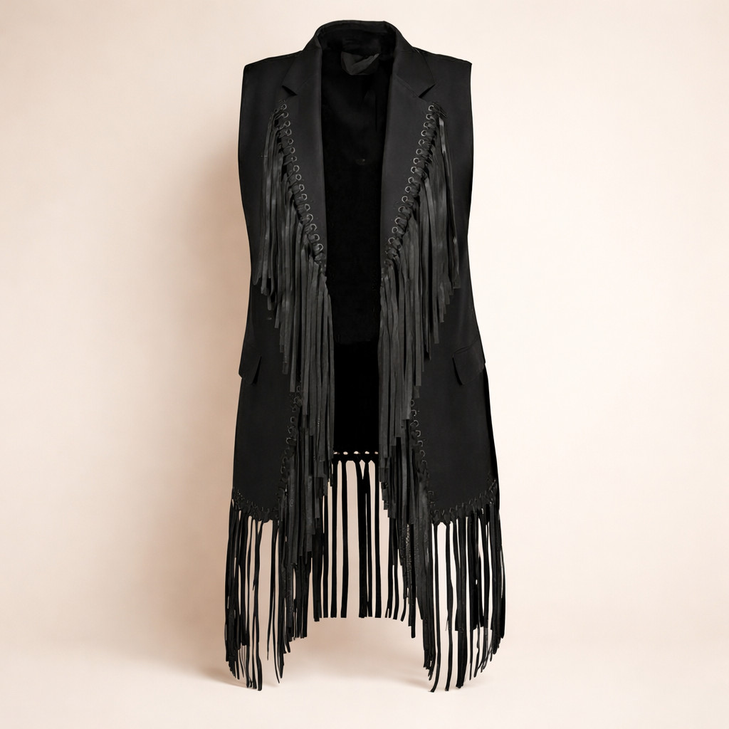 Women Black Suede Leather Fringe Long Vest Western Boho Cowgirl Festival Coat