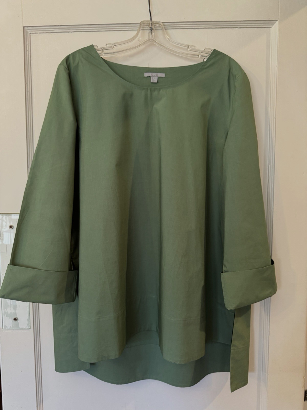 COS cotton poplin tunic top 12 L moss green A-line bateau neck stepped hem