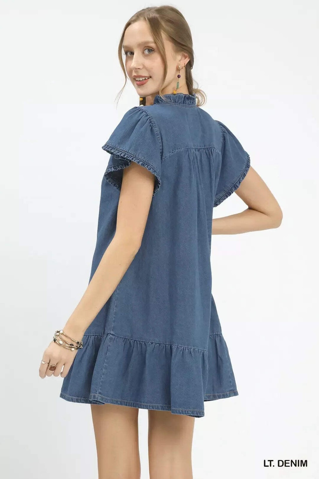Umgee 100% Cotton Blue Denim Ruffled Collar Flared Short Sleeve Ruffle Hem Dress