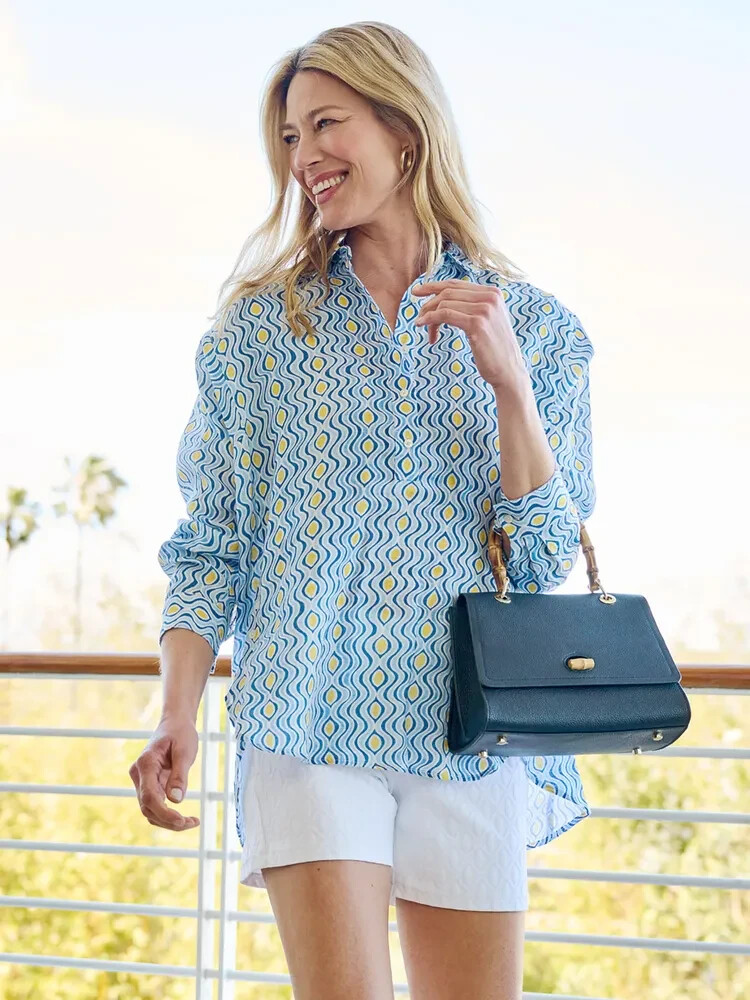$188 J. McLaughlin M Tunic Shirt Fallon Linen Blue/White Costa Key Print