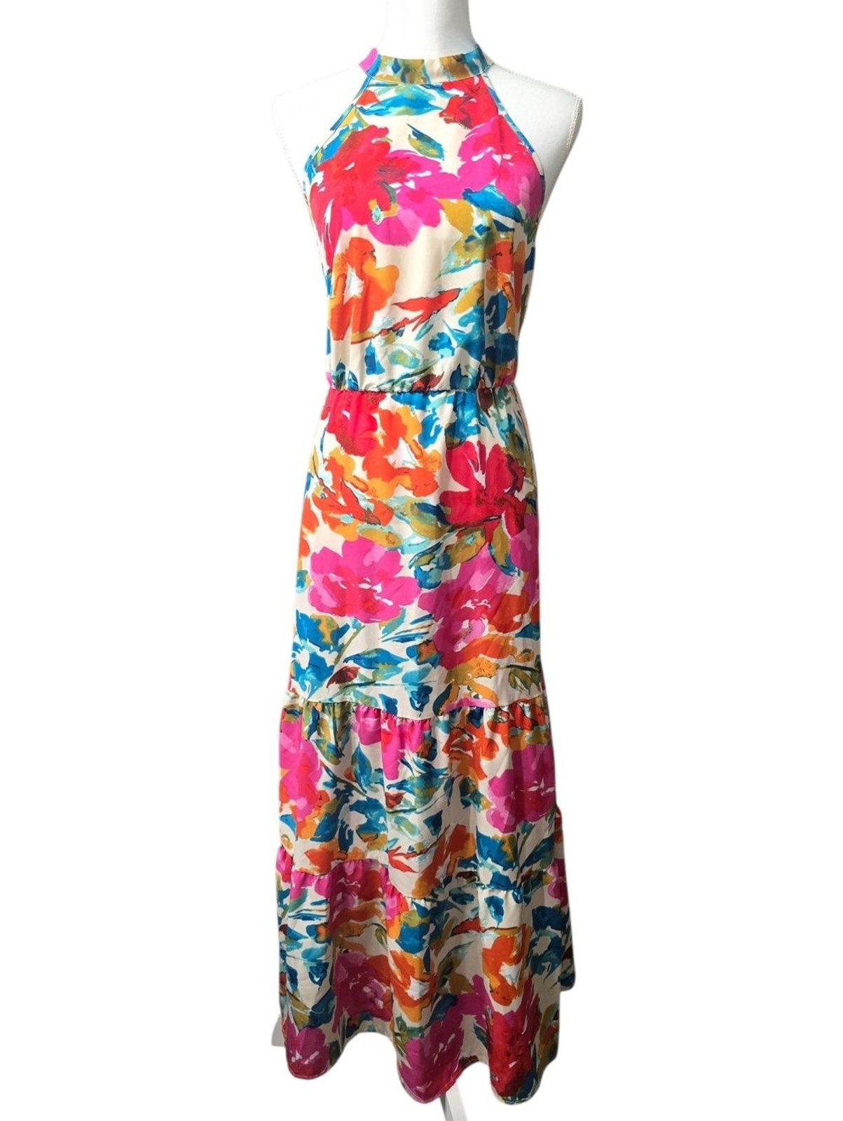 SHEIN Floral Halter Maxi Dress in Pink, Orange & Blue 1XL