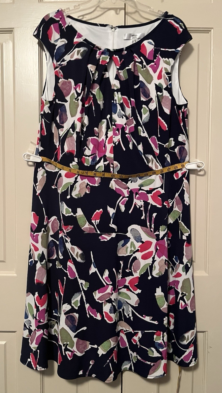 WISP Dress 18W Graphic Floral dk Navy White Pink Green Key-hole neck Cap Sleeves