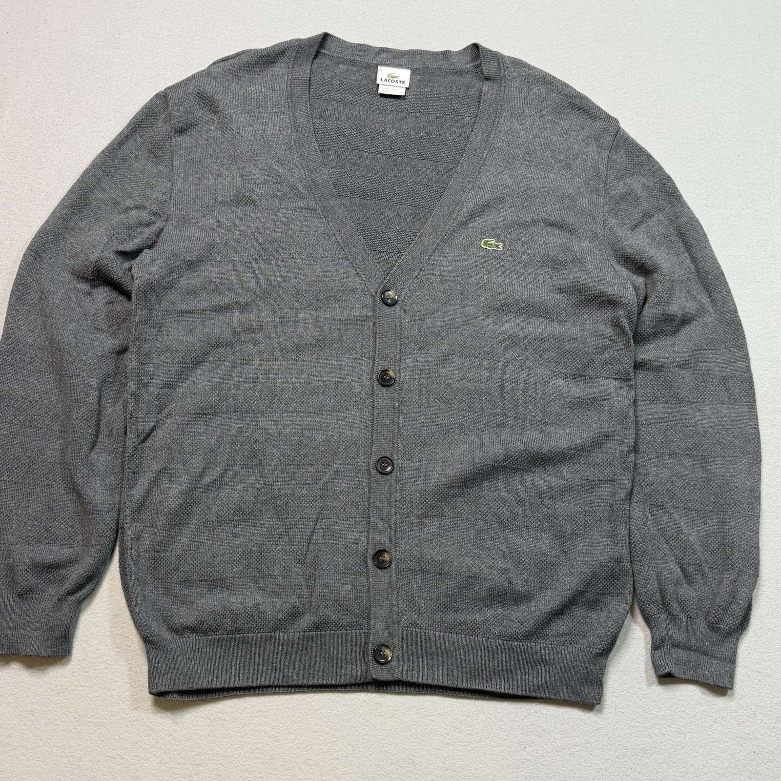 Lacoste Gray Cardigan Button Front Sweater Men’s Sz 6 XL Strip Pattern